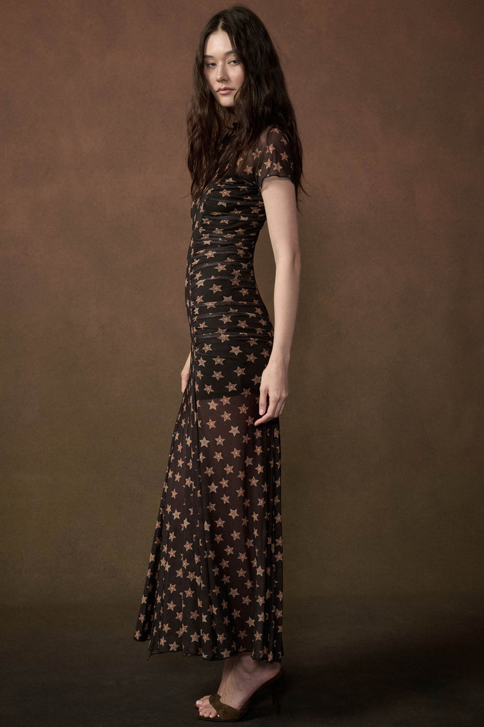 Star Gazer Printed Mesh Short-Sleeve Ruched Maxi Dress - ShopPromesa