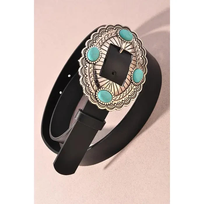 Stone Accent Oval Concho Buckle Belt - Greige Goods
