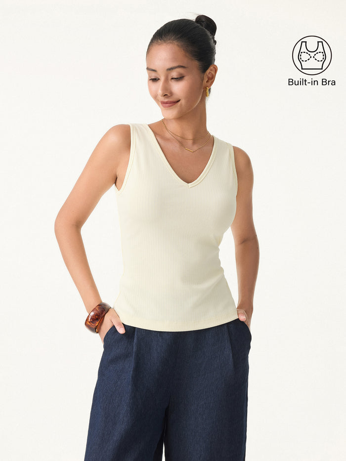 OGLmove Pointelle V-neck Sleeveless Bra Tank Butter Cream XS