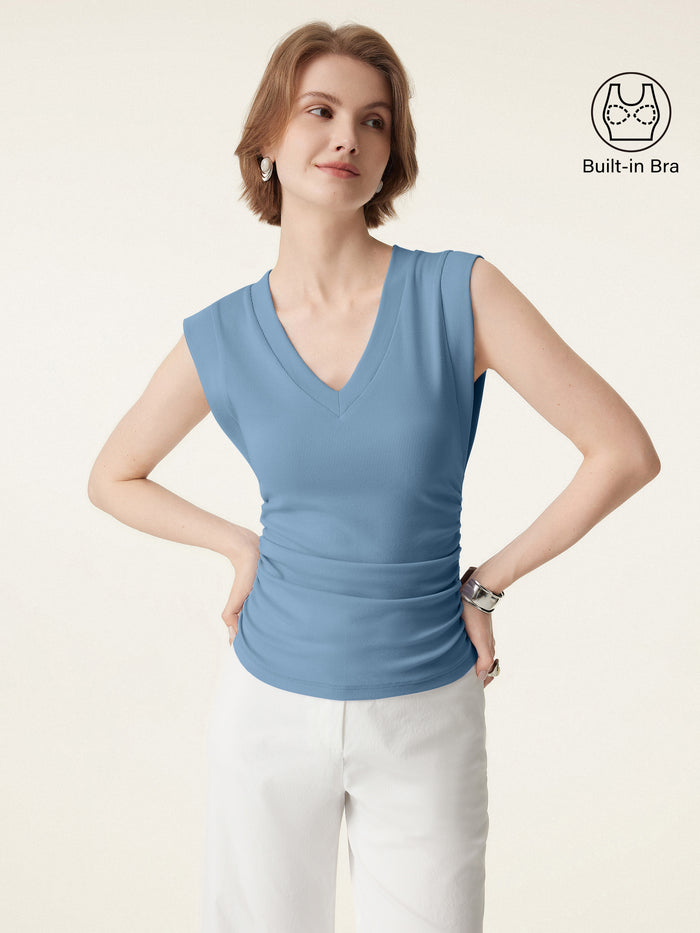 OGLmove Stretch Cotton V-neck Side Ruched Muscle Bra Top Dusk Blue XS