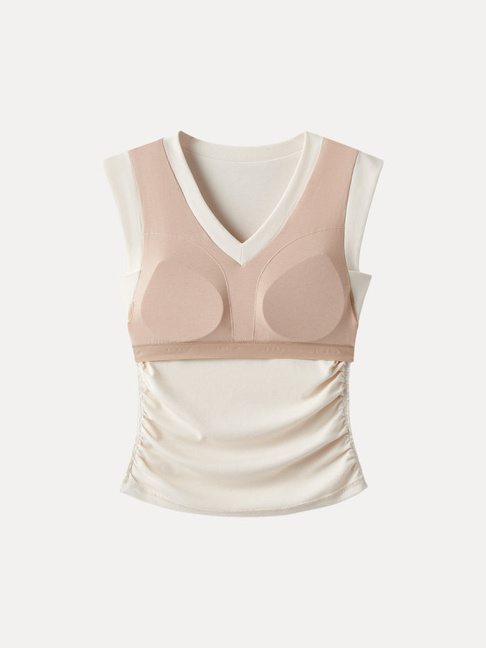 OGLmove 2Pcs Set Brami Stretch Cotton V-neck Side Ruched Muscle Top