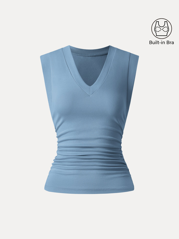 OGLmove Stretch Cotton V-neck Side Ruched Muscle Bra Top