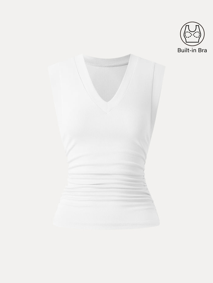 OGLmove Stretch Cotton V-neck Side Ruched Muscle Bra Top White XS