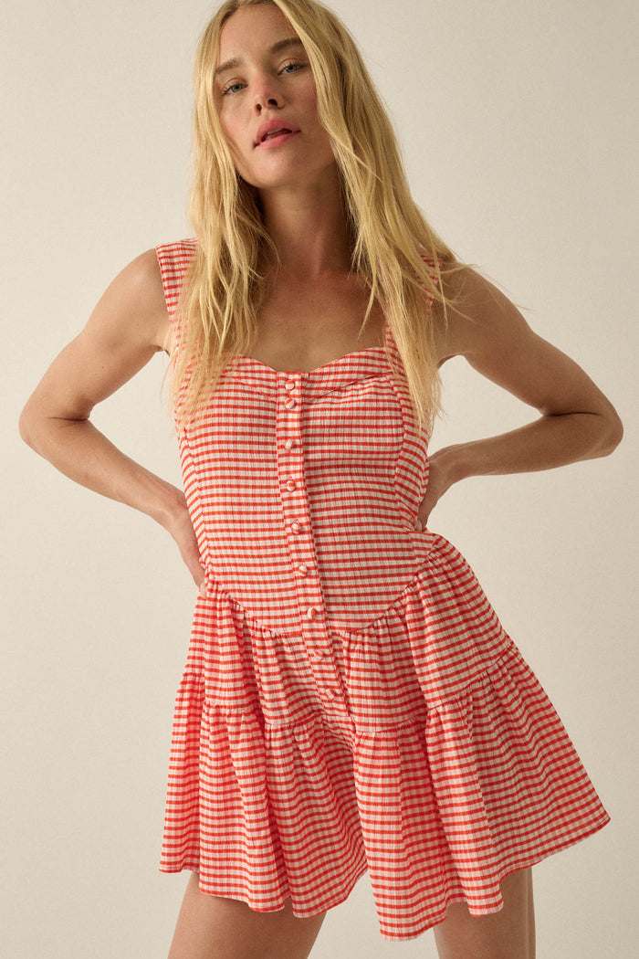 Sugar High Gingham Tiered Ruffle Sweetheart Romper - ShopPromesa