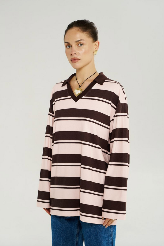 Summi Summi L/S Polo Top - Choc Rose Stripe