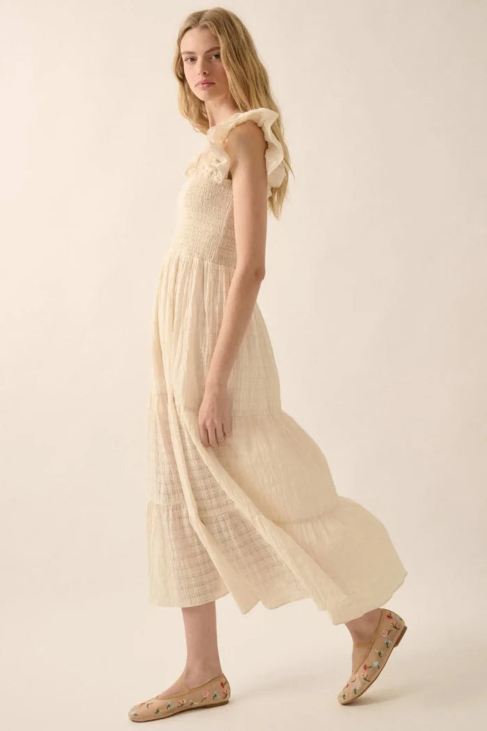 Sweet Sensation Ruffled Paid Tiered Midi Dress - ShopPromesa