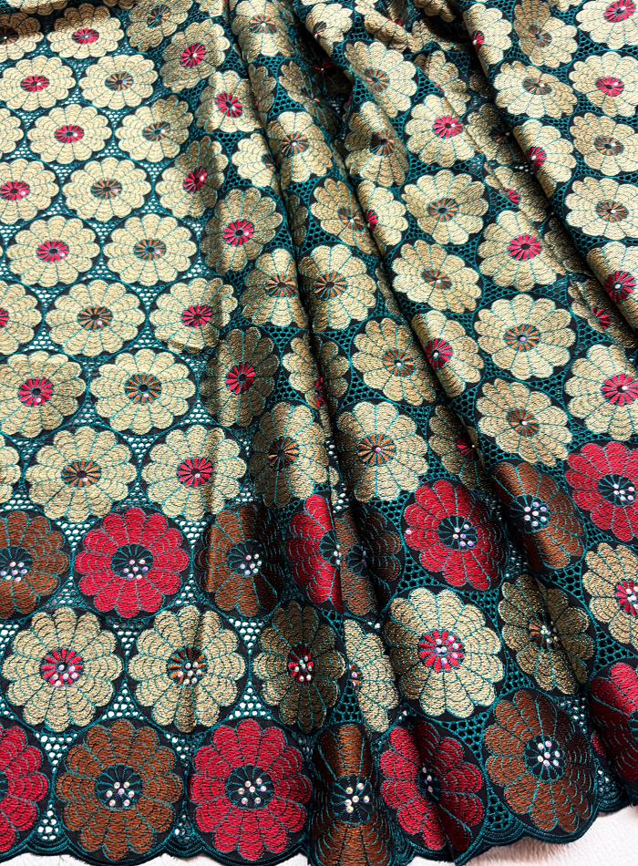 Teal Green red Swiss Voile Lace