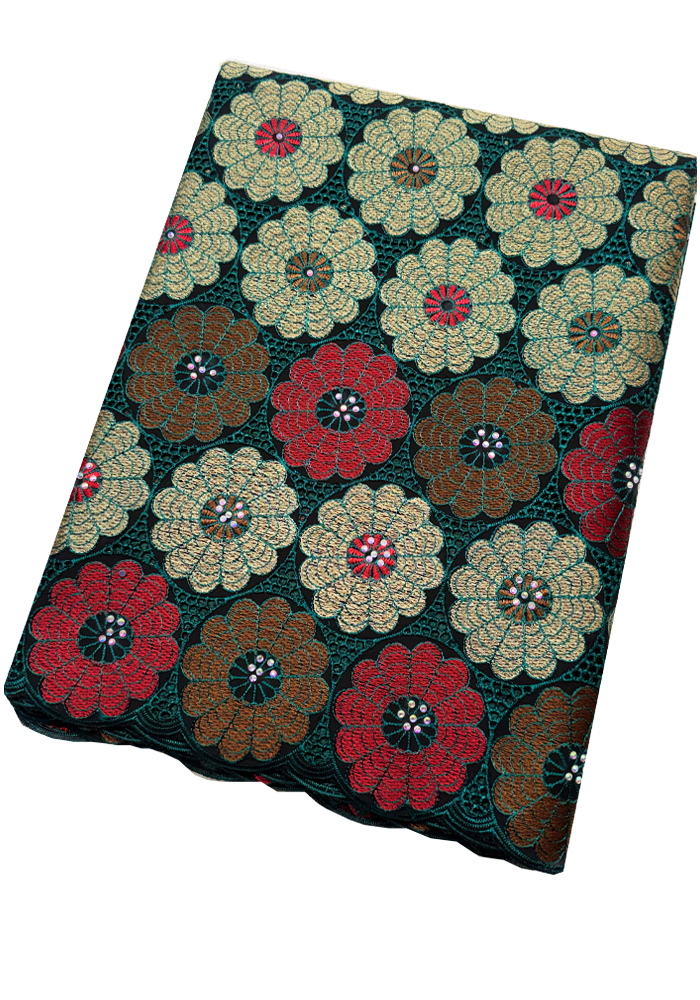 Swiss Voile Lace-Teal Green, Metallic Gold & Red