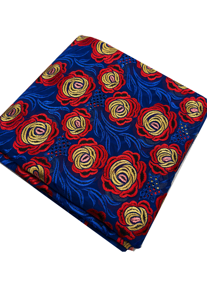 Swiss Voile Lace with Tiny Stone- Azure Blue Red Gold