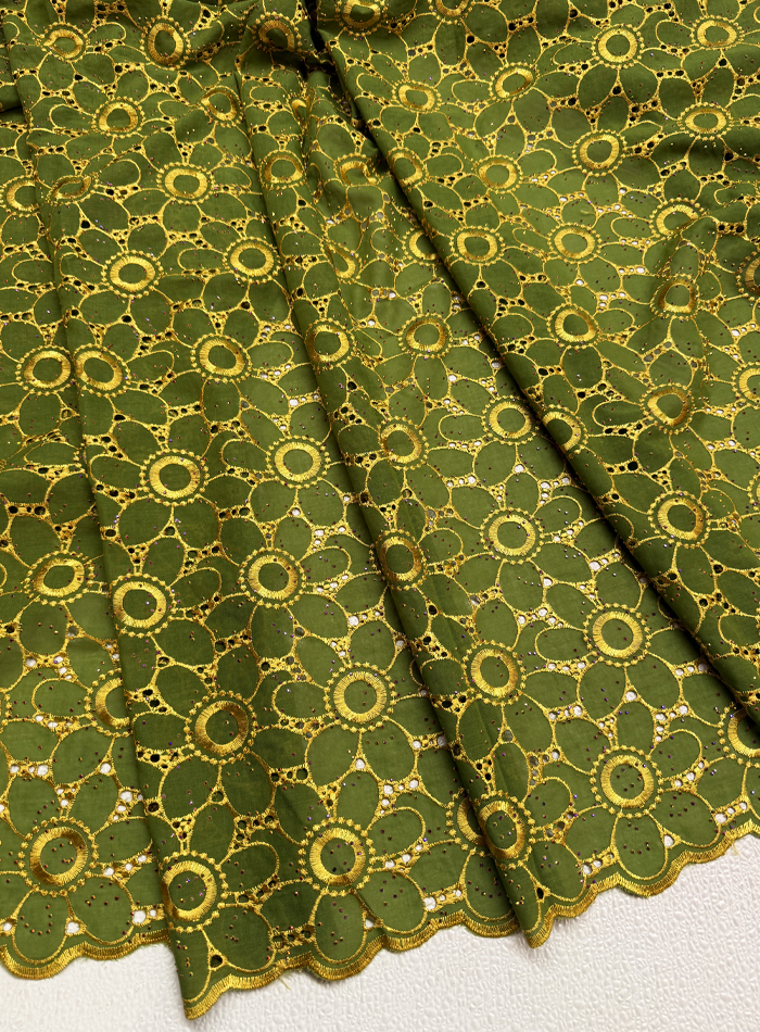 Swiss Voile Lace with Tiny Stone- Olive-Green & Gold
