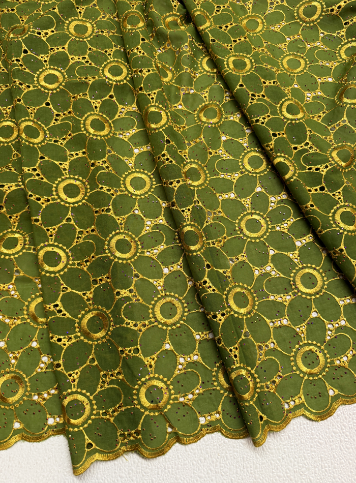 Swiss Voile Lace with Tiny Stone- Olive-Green & Gold