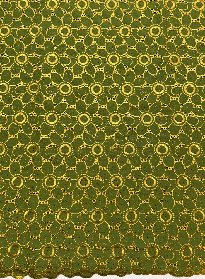 Swiss Voile Lace with Tiny Stone- Olive-Green & Gold