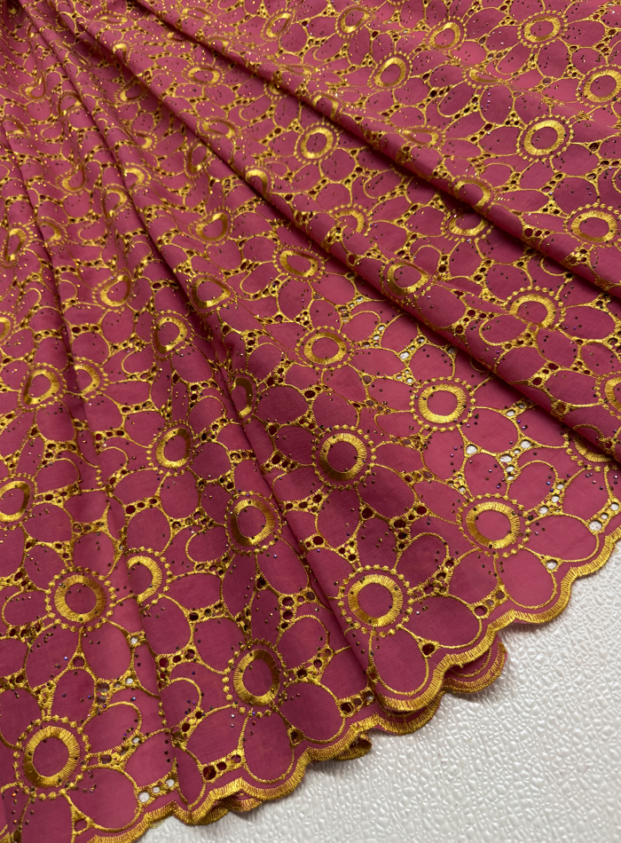 Swiss Voile Lace with Tiny Stone- Pink & Gold
