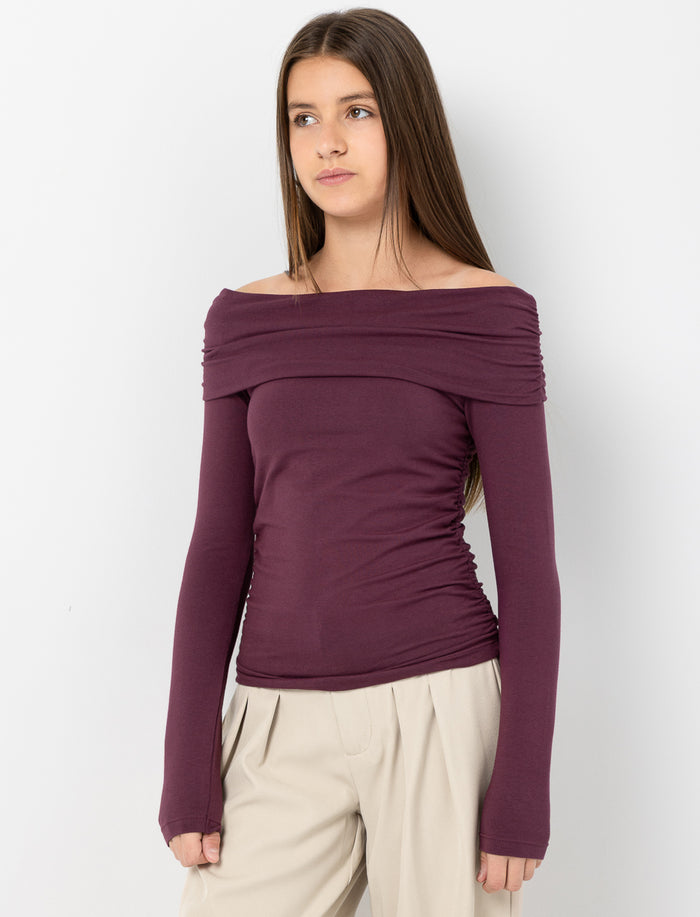 T-shirt froncé à encolure dégagée