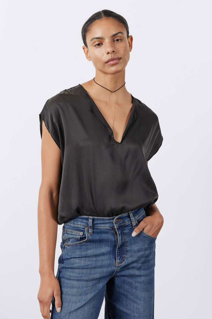 Black washable silk top with V-neck and short sleeves, front view drape