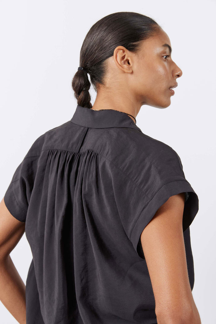 Black oversized voile blouse back with ruched shoulder yoke and short sleeves