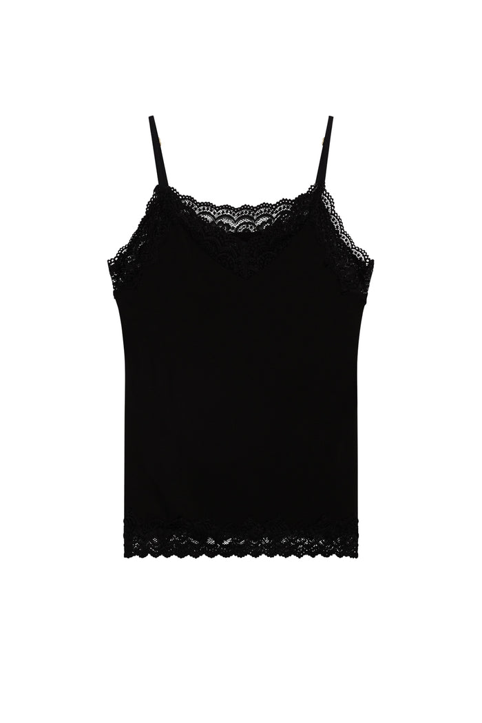 Black lace-trim camisole with thin spaghetti straps