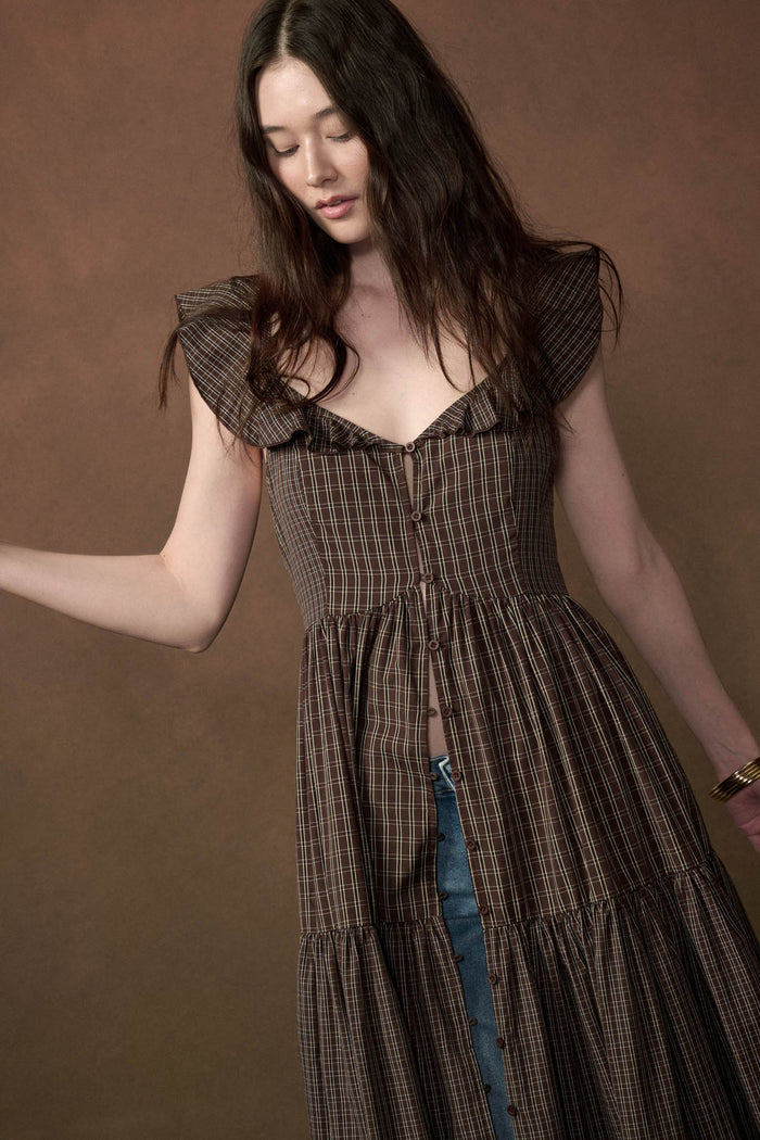 Town Square Plaid Flutter-Sleeve Tiered Midi Dress - ShopPromesa