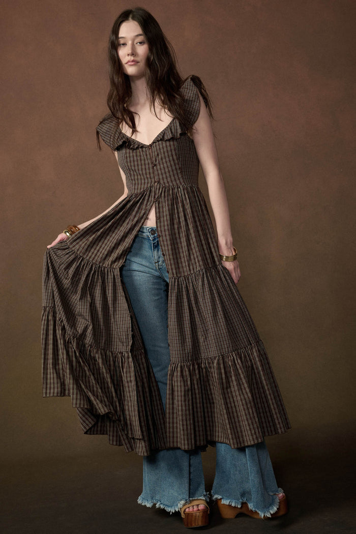 Town Square Plaid Flutter-Sleeve Tiered Midi Dress - ShopPromesa
