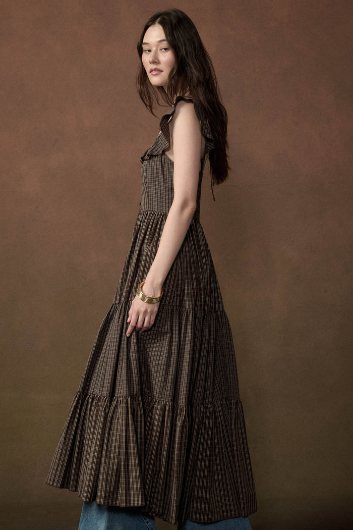 Town Square Plaid Flutter-Sleeve Tiered Midi Dress - ShopPromesa