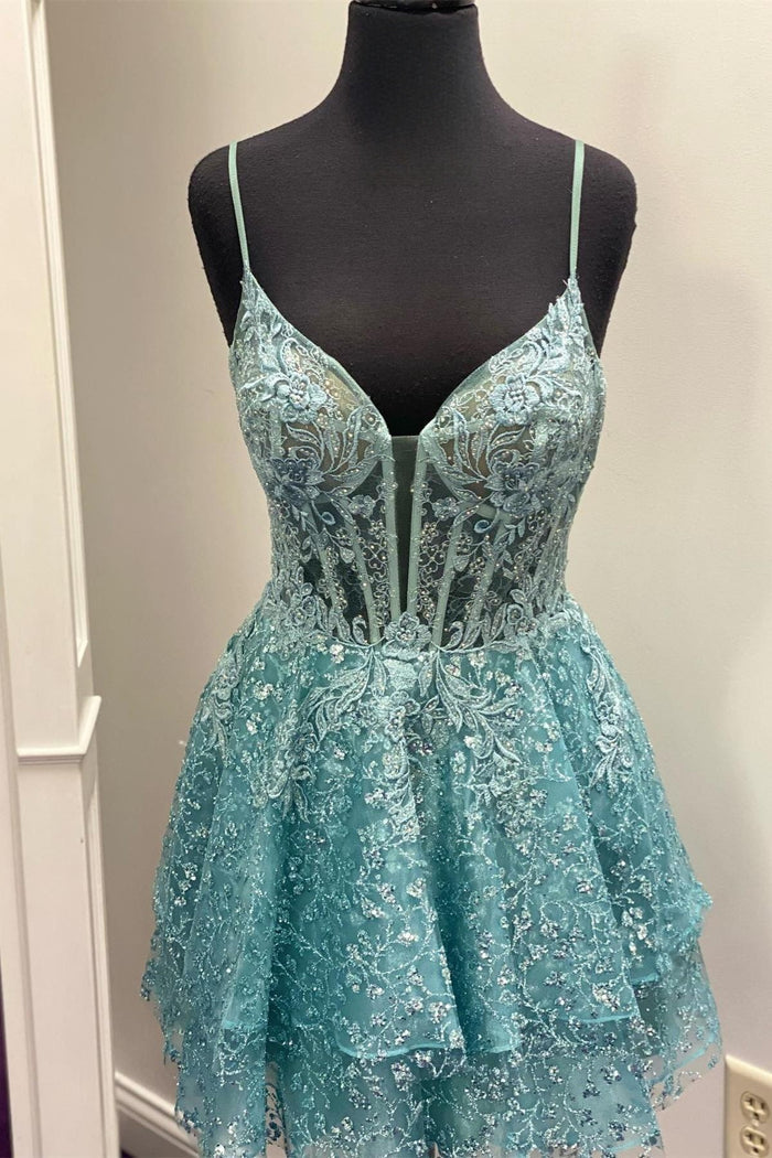 Blue Straps Deep V Neck Appliques A-line Multi-Layers Homecoming Dress