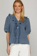 Washed Denim Ruffled Top