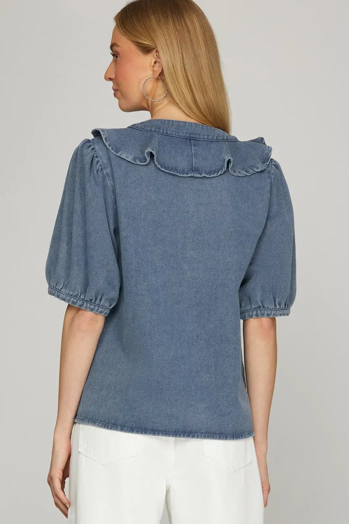 Washed Denim Ruffled Top