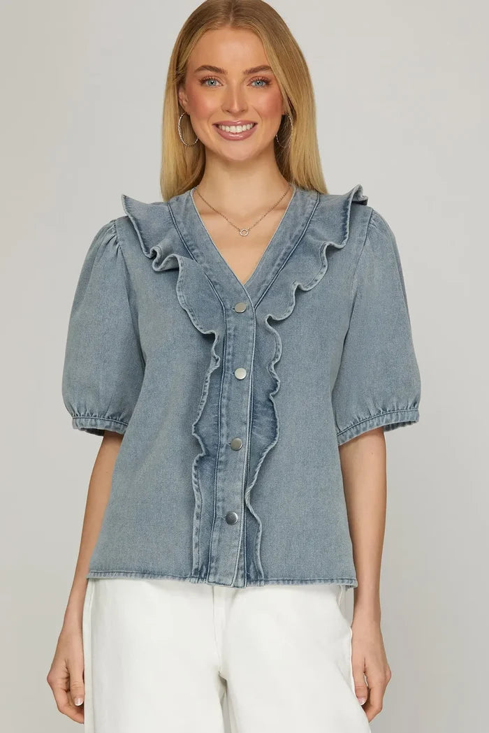 Washed Denim Ruffled Top