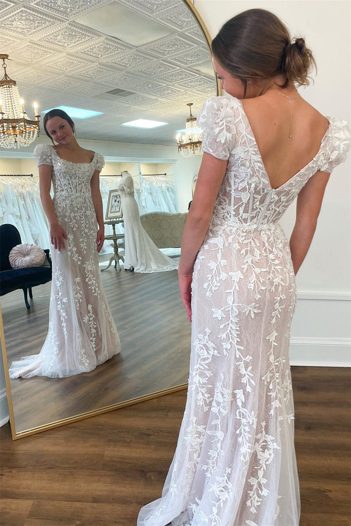 White Beaded Appliques Square Neck Puff Sleeves Long Prom Dress