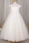 White Illuision Lace Neck Cap Sleeves Long Flower Girl Dress with Bow