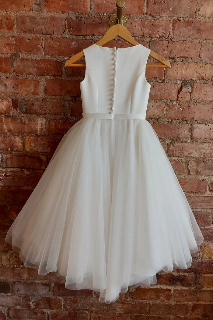 White Jewel Sleeveless Buttons Long Flower Girl Dress with Silver Adornment