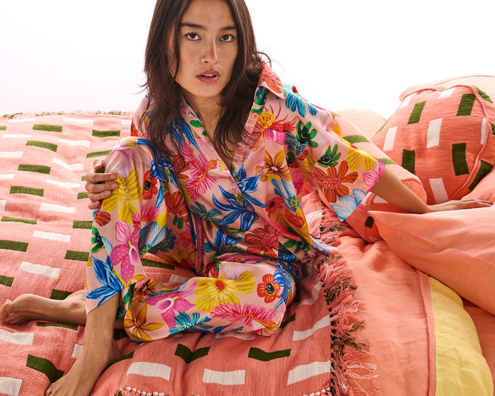Wild Flowers In Bloom Adult Eco Satin Short Sleeve Shirt & Pant Pyjama Set