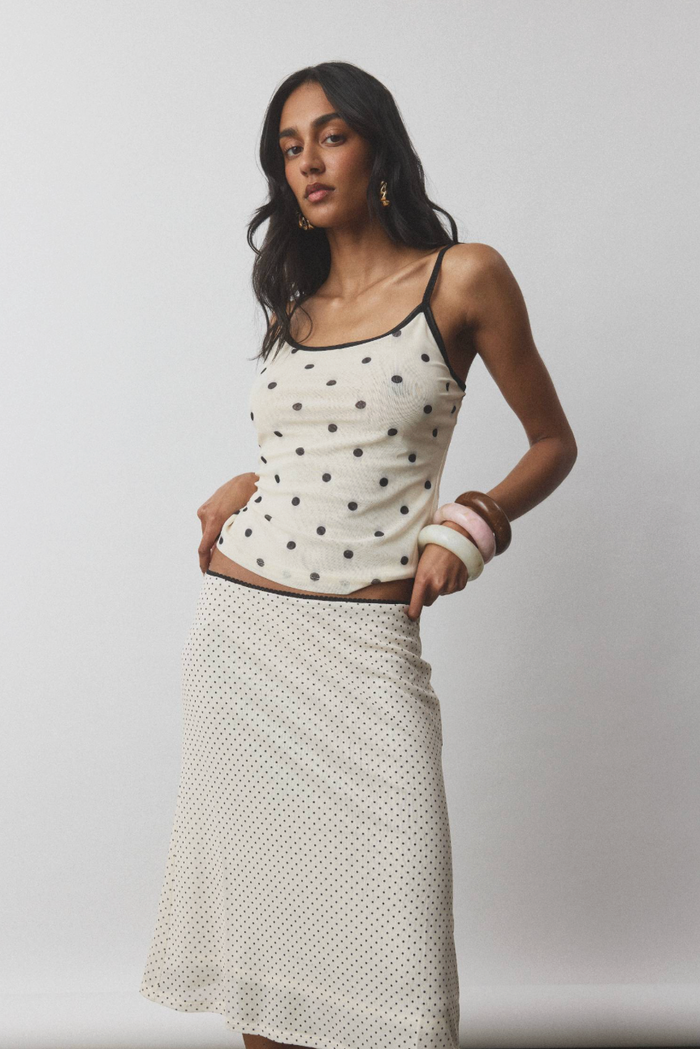 With Harper Lu Midi Skirt - Mesh Ivory Polka