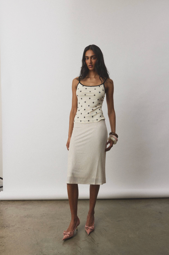 With Harper Lu Midi Skirt - Mesh Ivory Polka