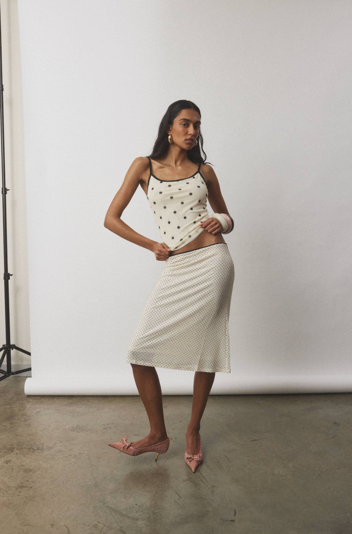 With Harper Lu Midi Skirt - Mesh Ivory Polka